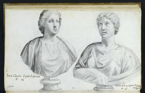 Deux bustes représentant l'un 'IUNIA CLAUDIA' et l'autre FAUSTINA di M. A.'
