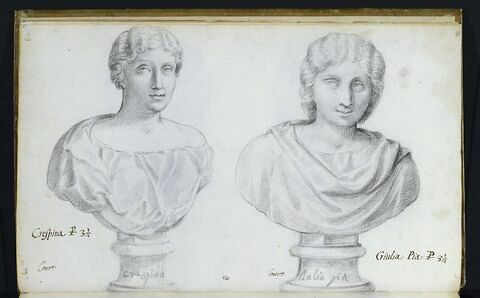 Deux bustes représentant l'un 'CRESPINA' ; l'autre 'GIULIA PIA'