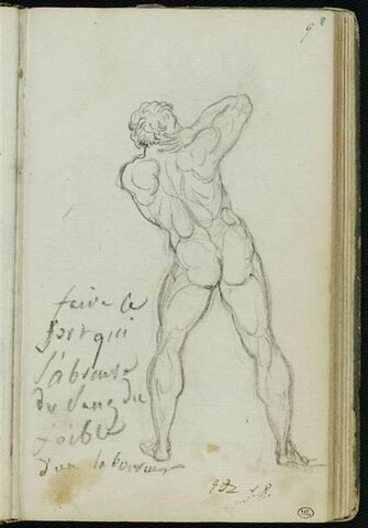 Etude d'homme nu, de dos et notes manuscrites