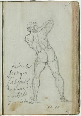 Etude d'homme nu, de dos et notes manuscrites, image 2/2