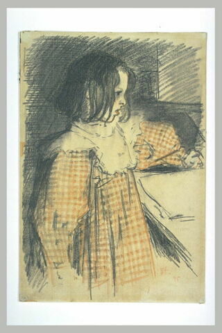 Portrait de Colette Steinlen, vue à mi-corps, vêtue d'une robe à carreaux