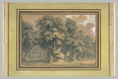 Paysage avec trois figures regardant un couple enlacé à l'orée du bois