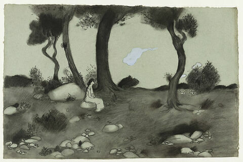 Paysage au petit nuage mauve : jeune fille assise sur un rocher, image 1/2