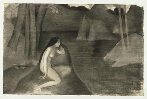 Nu aux rochers : jeune femme nue, assise sur un rocher, image 1/2