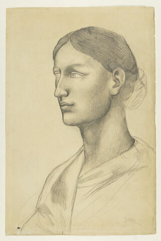 Portrait de femme, en buste, tournée vers la gauche