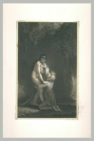 La Grotte : un jeune homme à genoux enlace les jambes d'une jeune femme, image 1/1