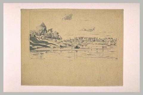 Paysage de rivière avec quelques barques navigant ou accostant, image 1/1