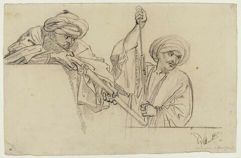 Deux soldats coiffés d'un turban et vêtus à l'orientale, derrière un mur