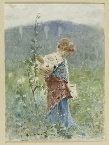 Petite paysanne portant une cruche et carressant un mouton