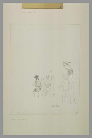 Groupe de personnages : femme accompagnant jeune garçon et figures assises, image 1/1