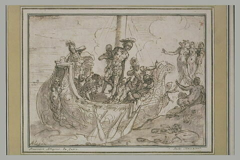 Ulysse lié au pied du mât de son vaisseau écoutant quatre sirènes