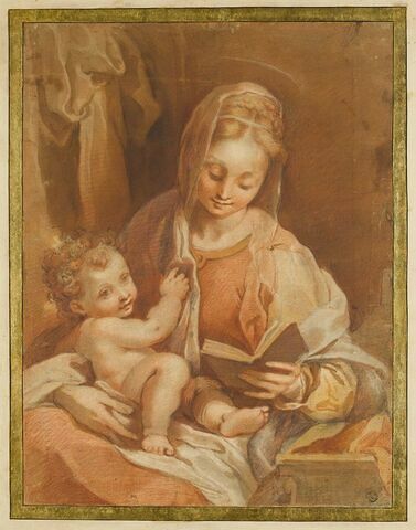 La Vierge assise tenant l'Enfant Jésus nu et un livre ouvert