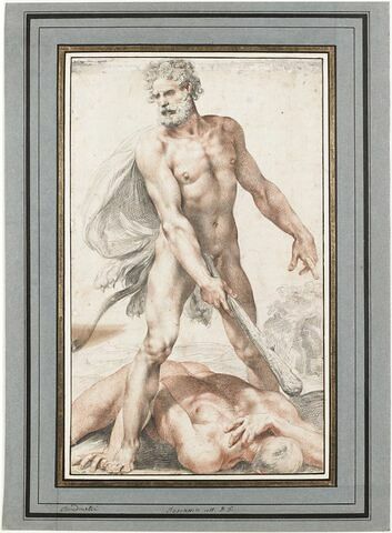 Hercule nu, debout tient la massue avec laquelle il a frappé Cacus étendu