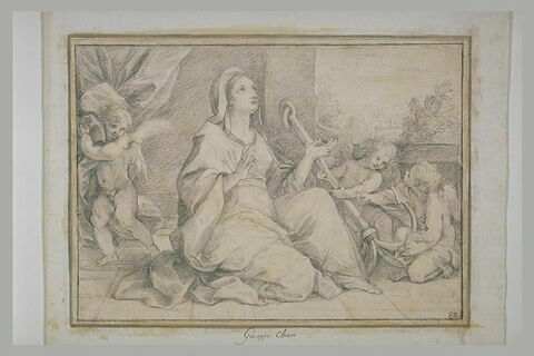 Femme assise entourée de trois angelots portant une ancre : l'Espérance