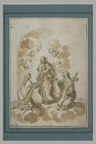 Vierge avec l'Enfant offrant un cruxifix et une couronne à deux saintes