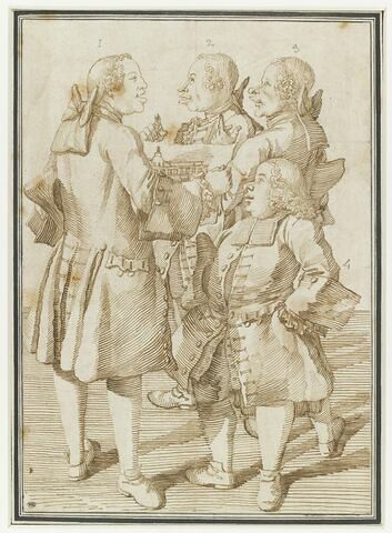 Caricatures de MM. de Vandières, Cochin, Soufflot et l'abbé le Blanc