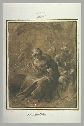 La Vierge assise et un ange en contemplation devant l'Enfant Jésus endormi, image 1/1