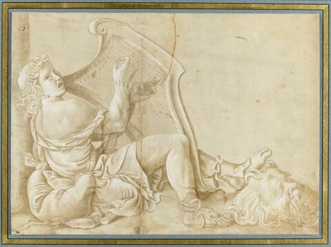 David assis, pincant de la harpe et foulant aux pied la tête de Goliath
