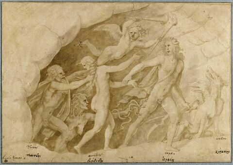 Orphée, se retournant, perd Eurydice attrapée par Pluton, image 1/2