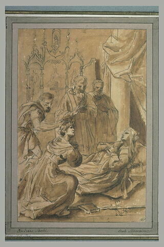 Mort d'une sainte étendue sur un lit, entourée de quatre figures