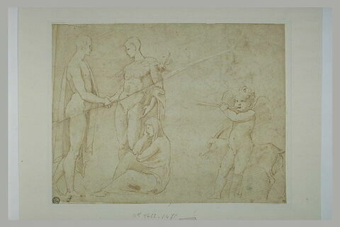 Homme nu tenant la main à Mercure ; femme assise ; enfant ailé et une chèvre