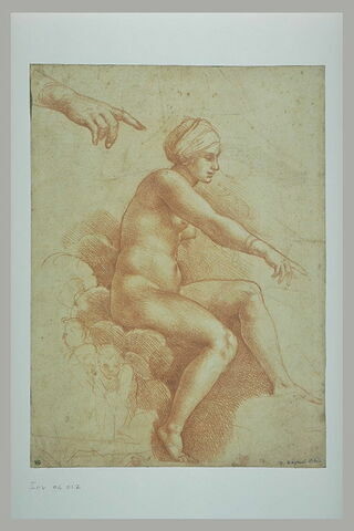Femme nue assise sur des nuées, reprise de la main ; croquis d'architecture