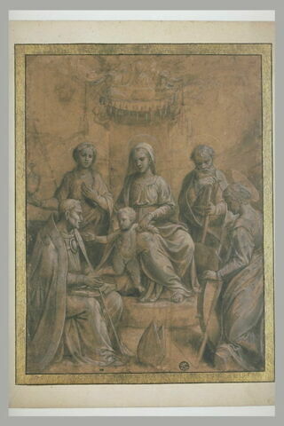 Vierge à l'Enfant en trône, sous un baldaquin, entourée de saint Joseph, sainte Madeleine, sainte Catherine d'Alexandrie et un saint évêque, image 2/2