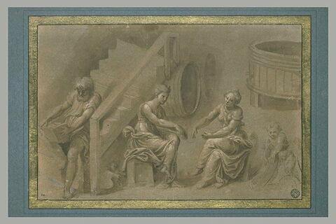 Un homme, deux femmes filant et un enfant, dans un cellier : l'éducation de Jacob (?)