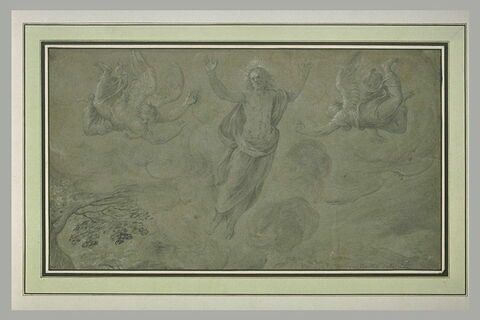Le Christ en gloire entre deux anges volant, au-dessus d'un paysage