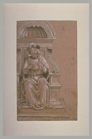 Un homme assis sur un trône, tenant un livre avec les deux mains