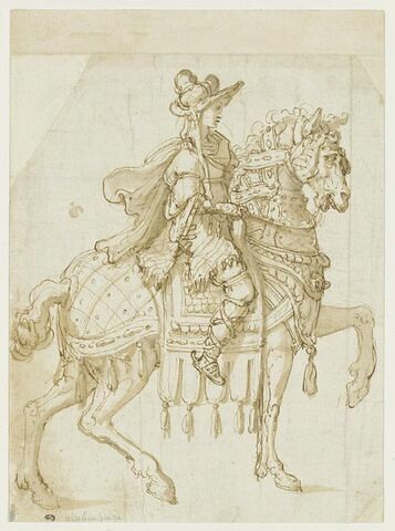 Figure costumée sur un cheval harnaché, de profil vers la droite, image 1/1