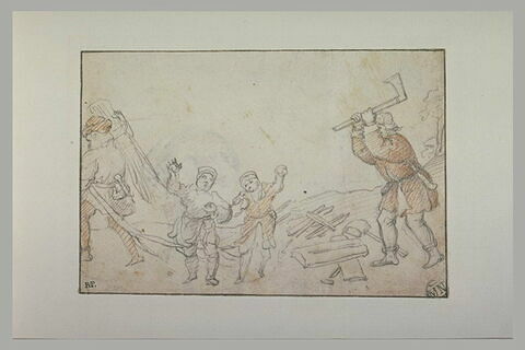 Un homme fendant du bois, deux enfants glissant sur la glace, image 2/2
