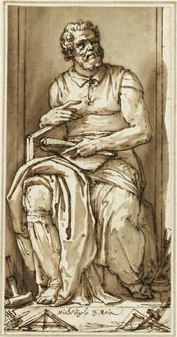 Portrait de Michel-Ange, assis dans une niche, dans la position de son Moïse, image 1/2