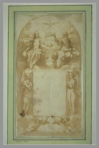 La Sainte Trinité, au dessus d'un encadrement vide, soutenu par des putti, image 1/1