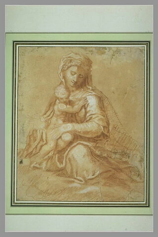 Vierge à genoux, vue de face, tenant l'Enfant Jésus dans ses bras