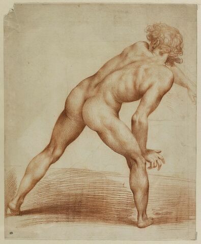 Etude académique d'homme nu, debout, de dos, se penchant