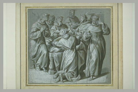 Un religieux couché entouré de six moines témoignant leur douleur, image 1/1