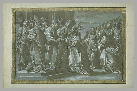 Un évêque reçu par trois autres évêques devant des martyrs, image 1/1