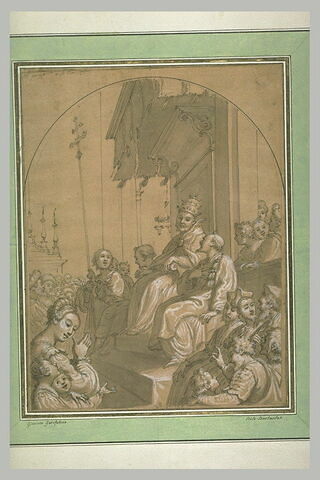 Pape sur un trône entouré de diacres et de fidèles, image 1/1