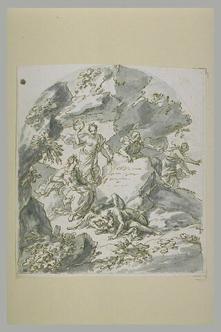 Sainte Rosalie gravant son nom dans la grotte et quatre figures allégoriques, image 1/1