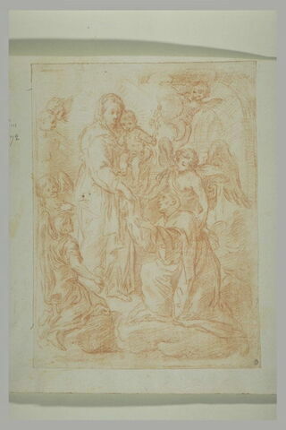 La Vierge avec l'Enfant donnant une étoffe à un religieux, entourés d'anges