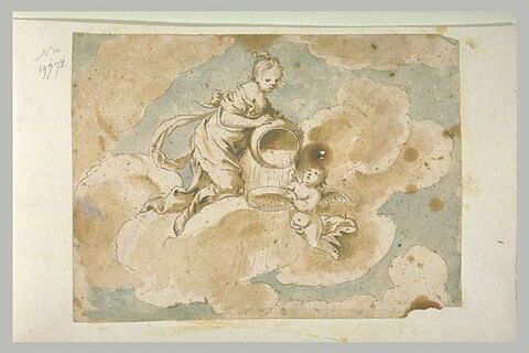 Femme versant le contenu d'une urne par un tamis tenu par un ange, image 1/1
