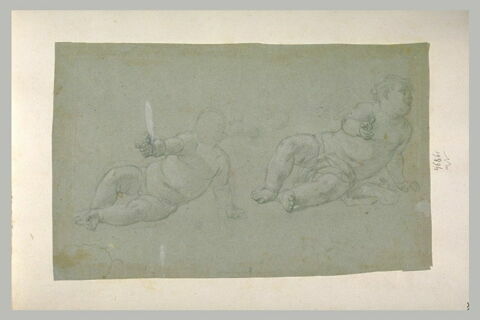 Deux enfants nus, couchés levant le bras droit, image 1/1
