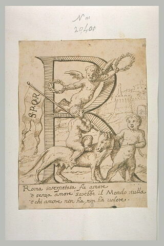 La lettre R ornée d'un ange couronnant la Louve romaine, image 1/1