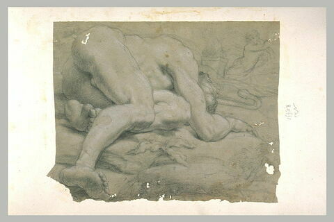 Homme nu, couché sur le côté, tête cachée par le bras droit, image 1/1