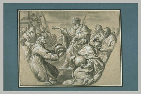Dieu entouré de religieux, trois d'entre eux portent des vases, image 1/1