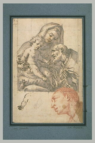 Saint adorant l'Enfant dans les bras de la Vierge ; bras, et tête d'un saint