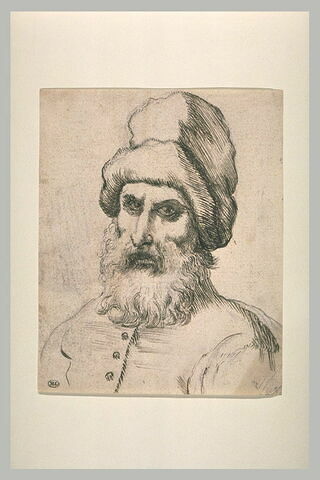 Buste d'homme barbu, portant un bonnet de fourrure