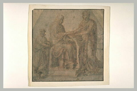 Figure debout devant une femme assise et une figure, d'après l'antique