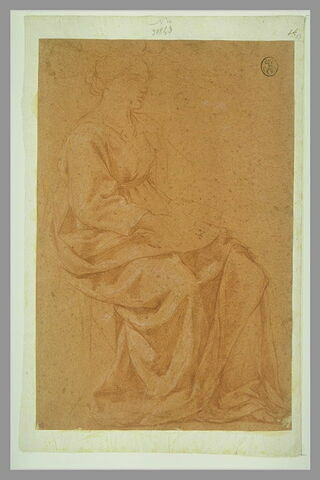 Etude d'une figure de femme drapée, assise, tournée vers la droite, image 1/1
